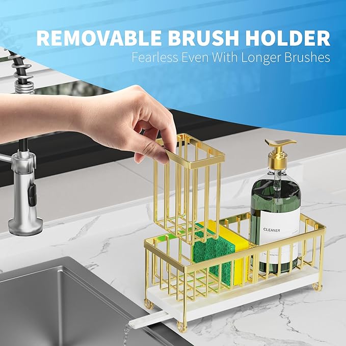 Cisily Gold Sponge Holder for Kitchen Sink, Sink Caddy Organizer with High Brush Holder, Kitchen Countertop Organizers and Storage Essentials, Rustproof 304 Stainless Steel, Soap Dispenser Organize-NeatNest