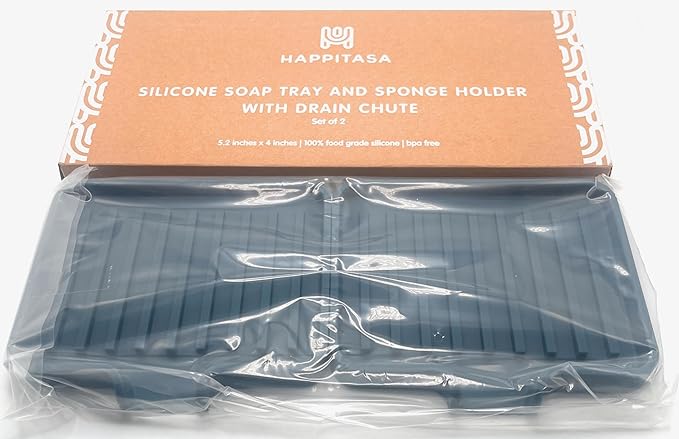 Happitasa Silicone Soap Dish Tray and Sponge Holder with Drain Chute, Pack of 2 | Bathroom and Kitchen Sink Organizer Caddy (Smoky Blue, 5.2"x4", 7.2 Ounces)-NeatNest