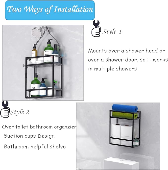 Meangood Shower Caddy, 10.4" x 4.5" x 22.04" Hanging Shower Caddy Organizer Over Shower Head Big Capacity for Shampoo, Conditioner with Hooks for Razor/Sponge, Matte Black
