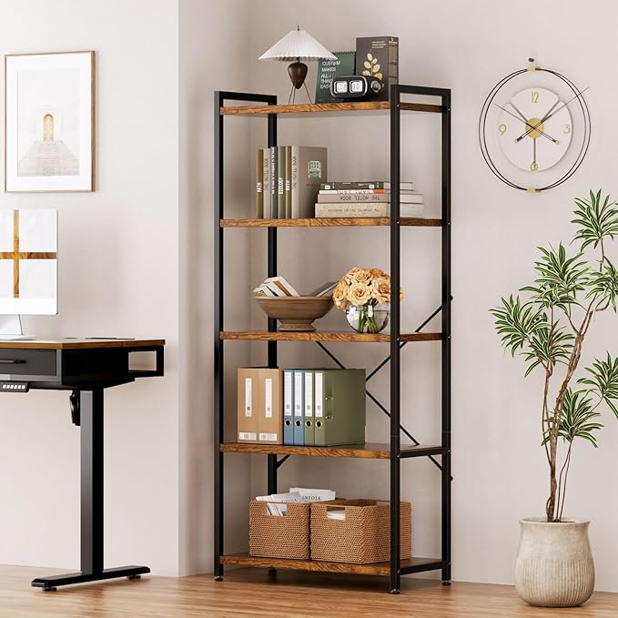 Casaottima Book Shelf, 5 Tier Bookshelf, Modern Wood Bookcase Shelves for Bedroom, Industrial Display Shelf for Living Room Home Office Kitchen, Standing Shelving Unit Storage Organizer, Vintage-NeatNest