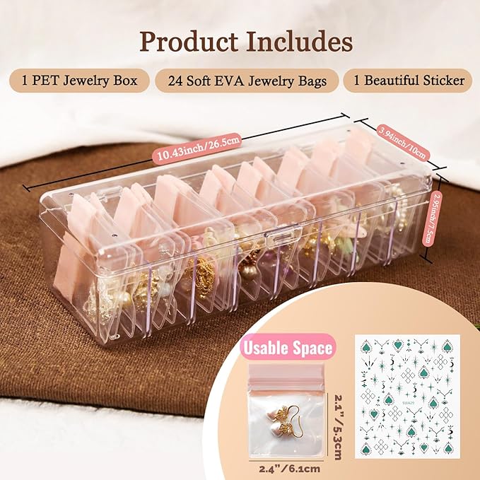 Jewelry Organizer and Storage Box with 24 EVA Anti Tarnish Bags, Travel Acrylic Case for Earrings, Necklaces & Rings, Elegant Gift for Women & Girls (S&Organizer(Clear))-NeatNest