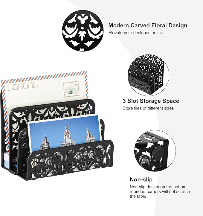 EasyPAG Desk Mail Organizer 2 Pack Office Small Letter Sorter Desktop File Organizer with 3 Vertical Upright Compartments, Black