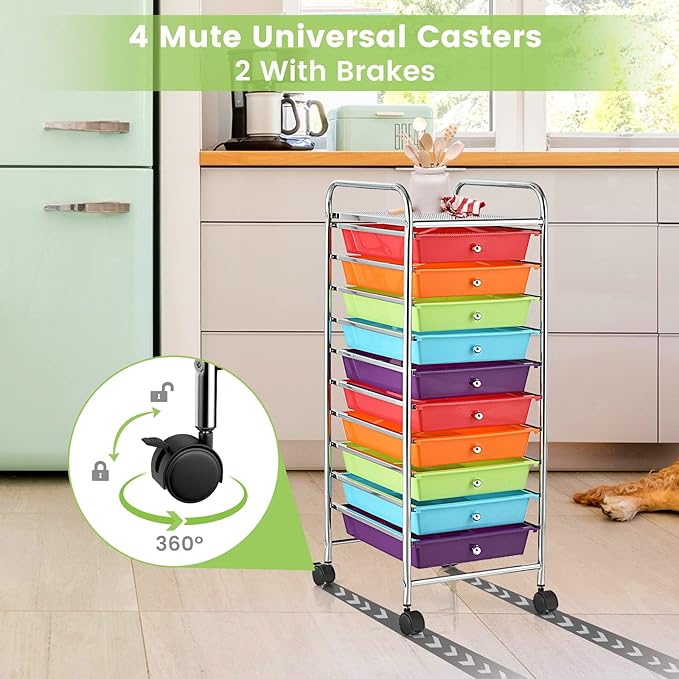 COSTWAY 10-Drawer Rolling Storage Cart, Utility Mobile Trolley with Removable Drawers & Universal Casters & 2 Brakes, Versatile Flexible Drawer Organizer Cart for Home, Office (Multi-Colored)-NeatNest