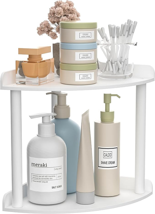 2-Tier Countertop Corner Organizer Shelf - 7x7x8 Inch, White Acrylic Bathroom Organizer for Countertop, Vanity Storage for Skincare, Cosmetics, Perfume-NeatNest
