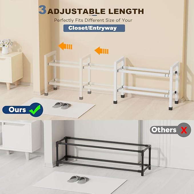 Mavivegue Expandable Shoe Rack, 2-Tier 19"-43.3" Adjustable Shoe Rack for Closet,Hall Entryway,Front Door,Garage, Sturdy Steel Space-Saving Rack, White-NeatNest