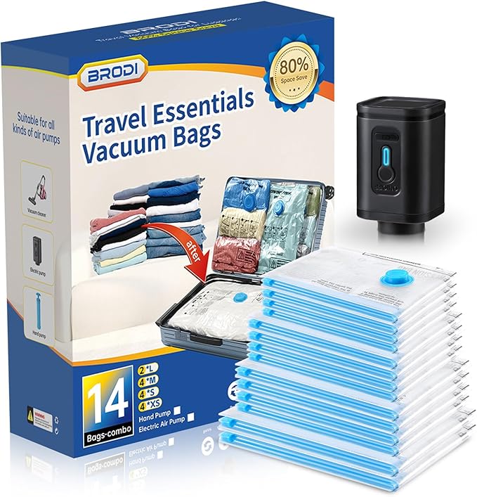 BRODI 14 Combo Pack Travel Vacuum Bags with Pump - Space Saver & Travel Essentials, Vacuum Seal Bags for Clothing and Luggage-NeatNest