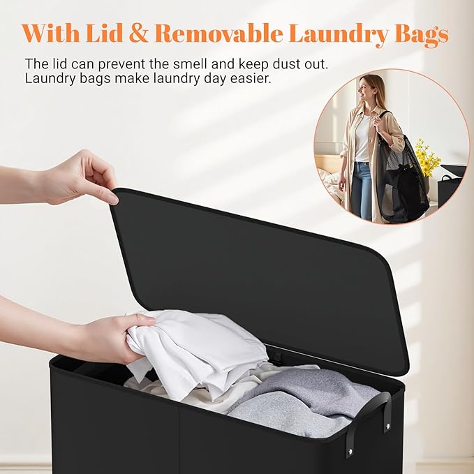 Large Double Laundry Hamper with Lid, Removable Bags & Reinforced Handles, 2 Section Tall Laundry Basket, Dirty Clothes Hampers for Laundry Room, Bedroom, Bathroom, Dorm, 155L, Black-NeatNest
