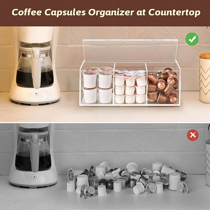 BEYGORM Acrylic Coffee Pod Holder with Lid for 24 Kcup, Clear Coffee Capsule Storage Organizer,3 Compartments Coffee Bar Station Organizer Compatible with Coffee Pod, Coffee Creamer-NeatNest