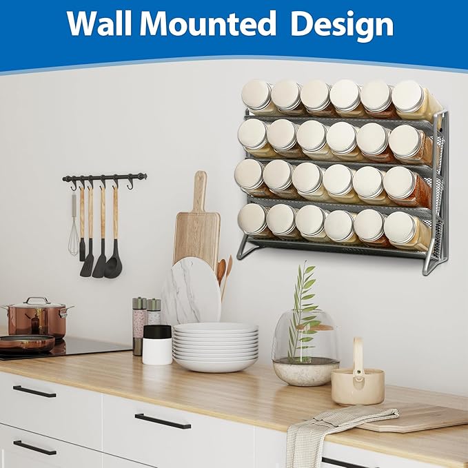 1PCS 4Tier Spice Rack for Counter Free Standing,Spice Rack for Inside Cupboard Hanging Wall Mounted Spice Seasoning Organiser Spice Jars Bottle Organizer for Kitchen Pantry（Silver）-NeatNest