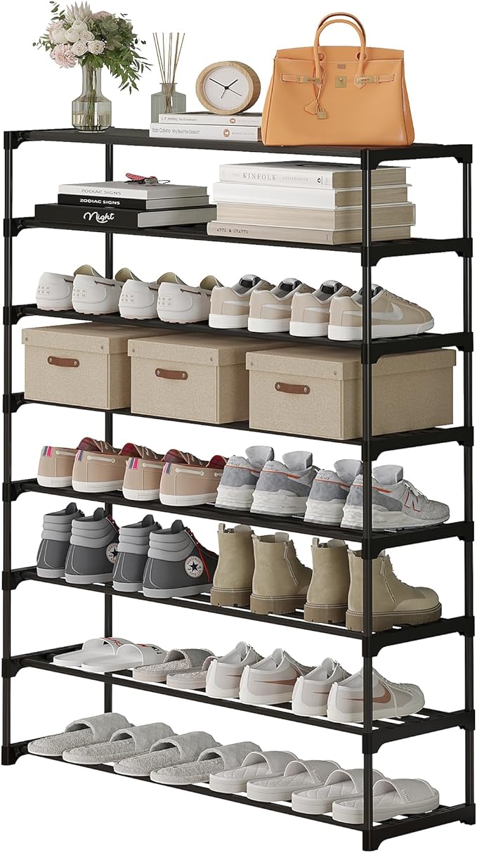 Calmootey 8-Tier Shoe Rack, Tall Large Capacity 40 Pairs Shoes Storage Organizer, Stackable Wide Shoe Shelf for Entryway, Hallway, Black-NeatNest