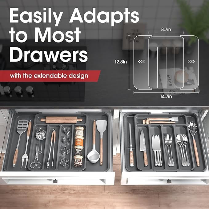 Aujen Silverware Organizer - Expandable Kitchen Drawer Organizer, Adjustable Utensil Organizer, Cutlery Tray for Forks, Knives, Multipurpose Kitchen Organizers and Storage Solution, Grey, Medium-NeatNest