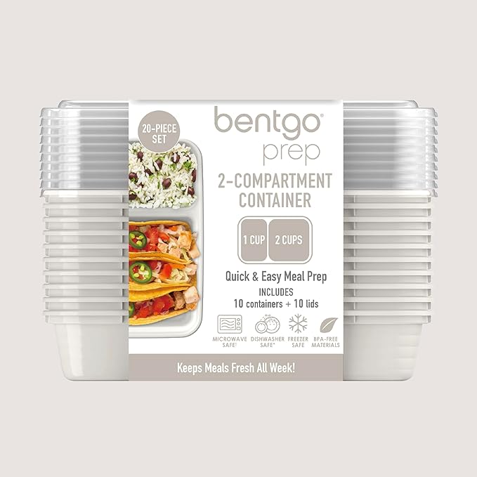 Bentgo 20-Piece Lightweight, Durable, Reusable BPA-Free 2-Compartment Containers - Microwave, Freezer, Dishwasher Safe - Whisper Gray-NeatNest
