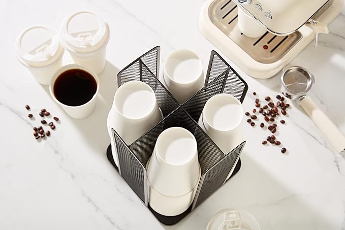 Annova Paper/Plastic Cup and Lid Holder Plastic Storage Organizer, 360°Rotating Coffee Cup Dispenser with 4 Compartments, Multifunctional Storage Rack for Home, Office, Bar, Coffee Shop (Black)-NeatNest