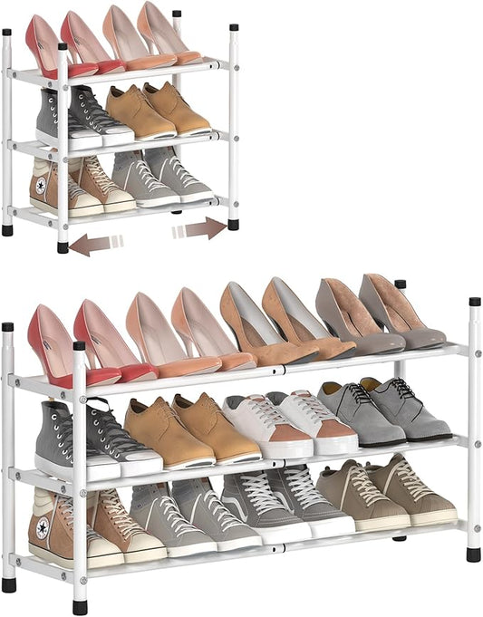 TZAMLI 3-Tier Shoe Rack for Closet, Expandable and Stackable Shoe Organizer Adjustable Metal Shoe Storage Small Shoe Shelf for Entryway Entrance, White-NeatNest