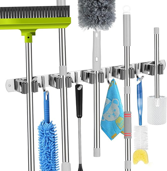 voze 5 Racks and 4 Hooks Mop and Broom Holder Wall Mount, Self Adhesive Heavy Duty Broom Hanger Organizer Storage Tool Racks for Kitchen Garden Laundry Garage-NeatNest