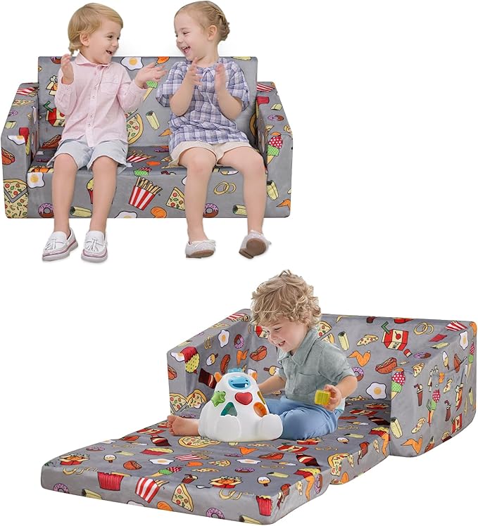 Foam Kid Sofa Couch, 2 in 1 Convertible Sofa to Bed for Baby,Velvet Toddler Sofa Chair with Side Pocket for Kid Playing (W29.92)(Grey)-NeatNest