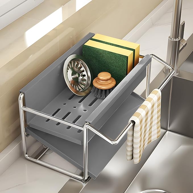 Kitchen Sink Sponge Rack, Self Draining Kitchen Sink Storage Rack, Rust-Proof Stainless Steel Dish Sponge Storage Rack (with Dish Cloth Rack), Bathroom Soap Dispenser Storage, Gray-NeatNest