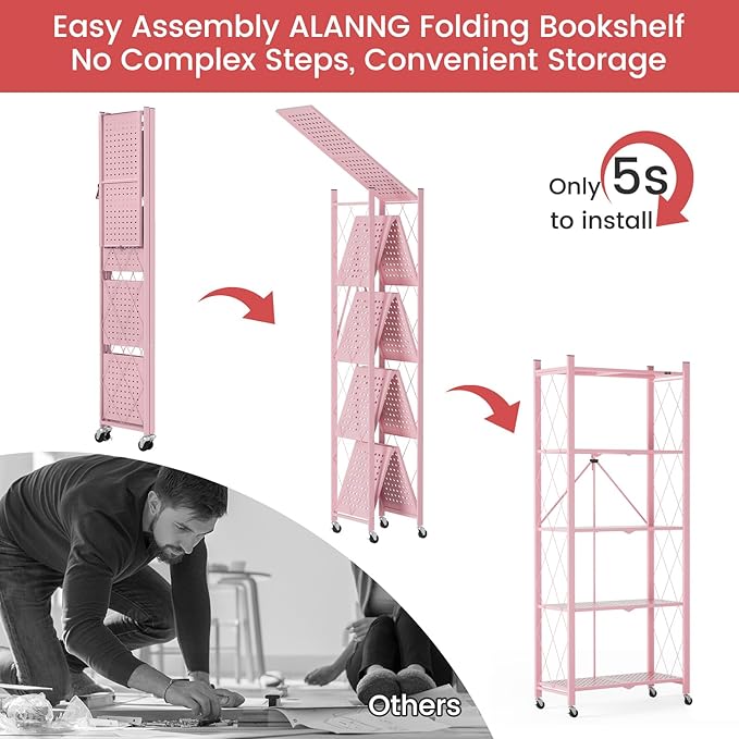 ALANNG 2-Pack Folding Bookshelf on Wheels, Cute Rolling Shelves for Bedroom, Colorful Storage Cart for Kids Rooms, Nursery, No Assembly Metal Book Shelf (5 Tier, Pink)