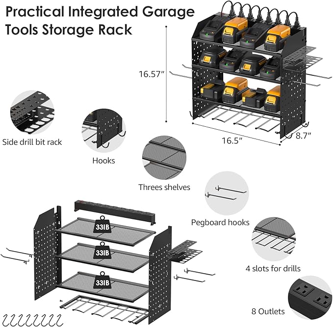 CCCEI Modular Pegboard Rack Power Tool Organizer with Charging Station. 4 Layer Wall Mount Drill Holder, Tool Battery Charger Organizer. Garage Shop Storage Utility Shelf with 10FT Power Strip.-NeatNest