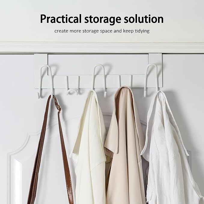 SKOLOO Over The Door Hooks - for Doors up to 1-3/4'' Thickness, Metal Door Hanger with 11 Hooks, Over The Door Hanger for Coats, Hats,Towels, White