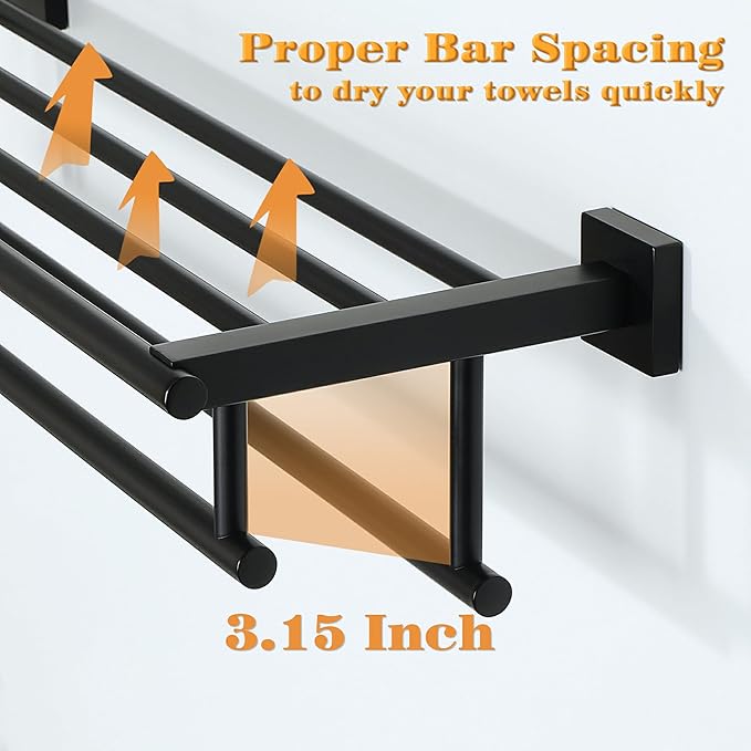 Alise Towel Rack,Large Towel Holder Towel Shelf with Double Towel Bars for Bathroom Lavatory,16-Inch SUS 304 Stainless Steel Wall Mount Towel Hanger,Matte Black