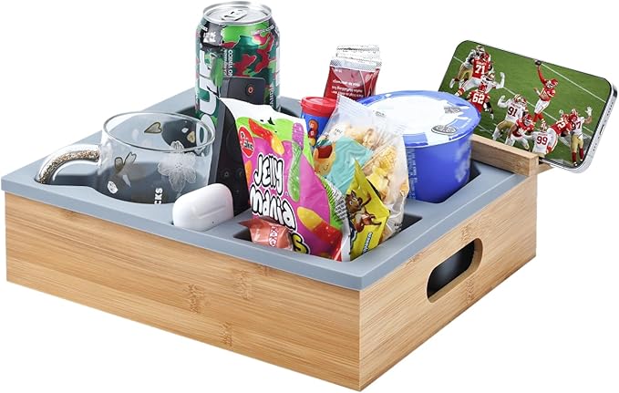 Couch Cup Holder with Sturdy Bamboo Bottom Tray and Anti-Spill Washable Silicone Liner for Eating on Couch or Bed, TV-Watching Food Snack Trays with Drinks Cup Holder TV Remote Holder (Grey)-NeatNest