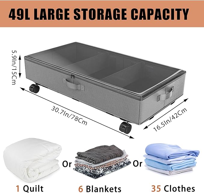 2 Pack Under Bed Storage Rolling Metal Frame Underbed Containers with Wheels Lid Visiable Window Storage Bag Box Organizer Home Closet Organization Drawer Bins for Clothes Shoes Toys Blanketss Grey-NeatNest
