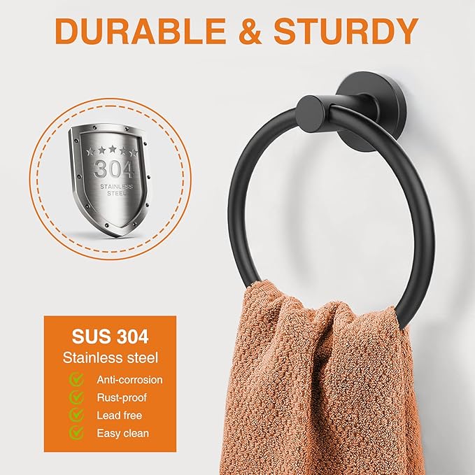 2 Pack Towel Ring for Bathroom, SUS 304 Stainless Steel Hand Towel Holder for Wall Mounted, Heavy Duty Towel Hanger for Bathroom, Kitchen (Matte Black)