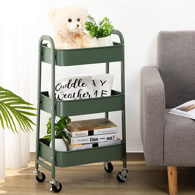 AGTEK Movable Rolling Organizer - 3 Tier Metal Storage Cart, Green-NeatNest
