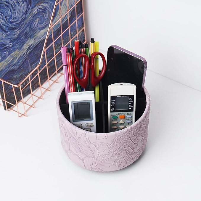 Hennaja Round Leather Art Supply Organizer,Remote Control Holder,360 Degree Spinning,Multi-Functional Pencil Holder,4 Compartments Desktop Stationary Organizer(1-Carved Purple)-NeatNest