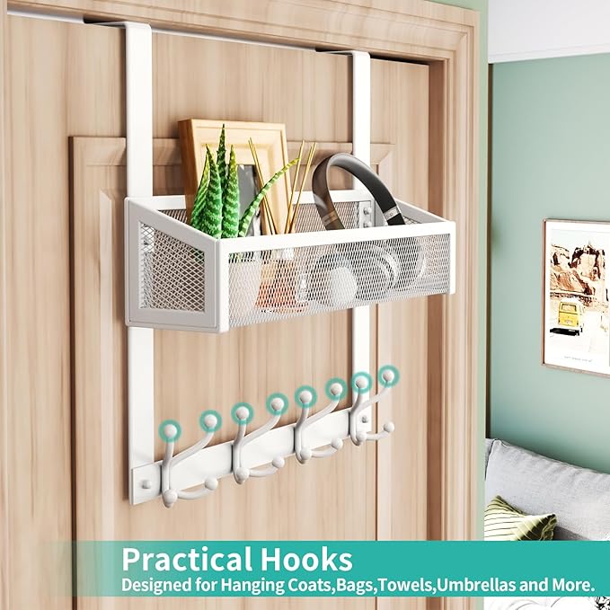 HapiRm Over The Door Hanger - Over The Door Hooks with Mesh Basket and 16 Hooks, 304 Stainless Steel Storage Organizer for Bathroom, Bedroom, Kitchen-White
