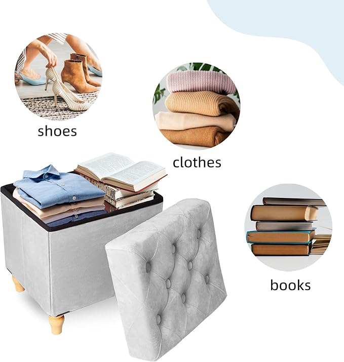 CAROLMADE Folding Storage Ottoman Cube Velvet Footstool with Wood Legs Ottoman Footrest for Living Room and Bedroom, Grey 15"x12.6"x15.4”-NeatNest