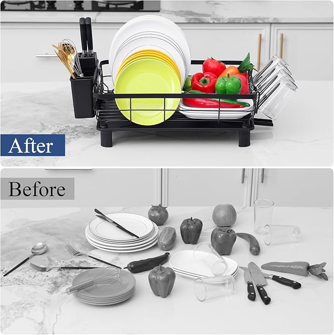 Homaxy Dish Drying Rack for Kitchen Counter (16.93''L x 12.99''W), Space-Saving Dish Drainer Rack Set with Drainboard, Large Dish Rack with Utensil Holder, Cup Rack and Knife Slots, Black