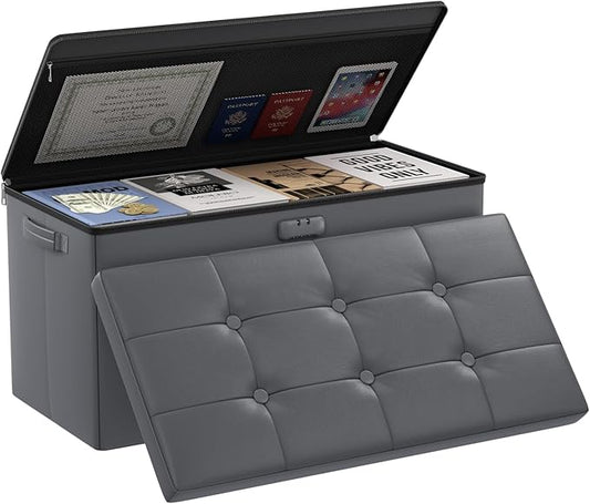 DocSafe Storage Ottoman Bench with Lock,Fireproof 30 Inches Folding Bench Foot Rest Stool Storage Chest Safe for Living Room,Bedroom,Home Office,Waterproof Leather Ottoman with Handles,Gray-NeatNest
