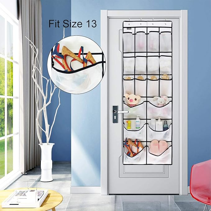 2 Pack Extra Large Hanging Over Door Shoe Organizers, 12 Mesh Pockets + 6 Large Mesh Storage Various Compartments with 8 Hooks Shoes Holder for Closet Bedroom, White (59 x 21.6 inch)-NeatNest
