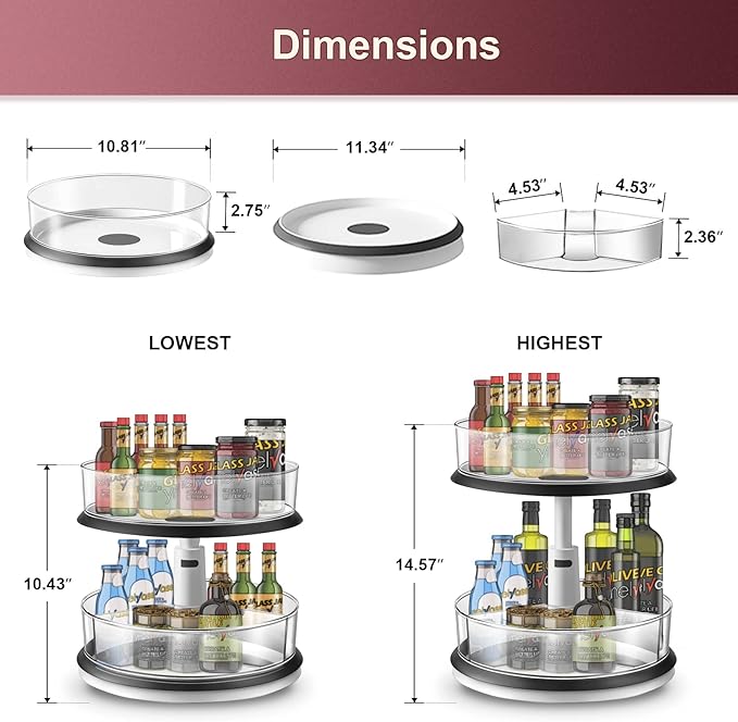 2 Tier Lazy Susan Organizer Clear Turntable for Cabinet Bathroom Countertop and Pantry with Large Spice Rack (11 Inch, White)-NeatNest