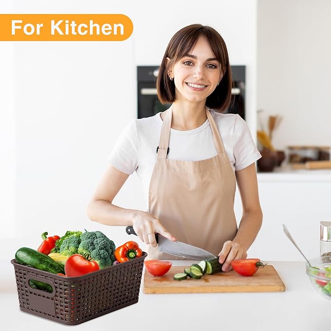 Brown Plastic Storage Baskets - Pack of 8 with Labels Stackable Durable Storage Bins, Storage Containers for Organizing Desktops, Closets, Playrooms, Classrooms, Offices-NeatNest