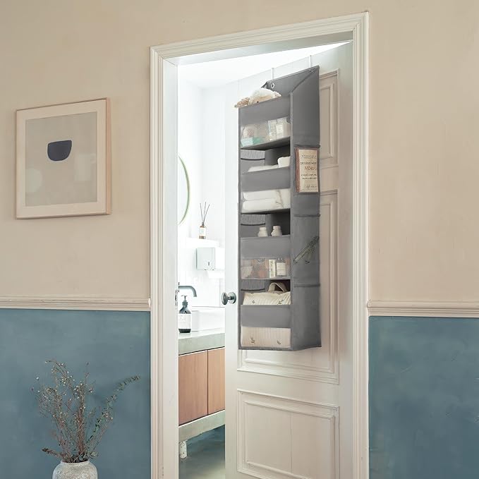 GRANNY SAYS Over The Door Organizer, 4-Shelf Behind The Door Storage with 6 Pockets and Clear Window, Anti Tilt Large Capacity Hanging Organizer Shelves for Baby Room, Nursery, Bathroom, Gray, 1 Pack-NeatNest