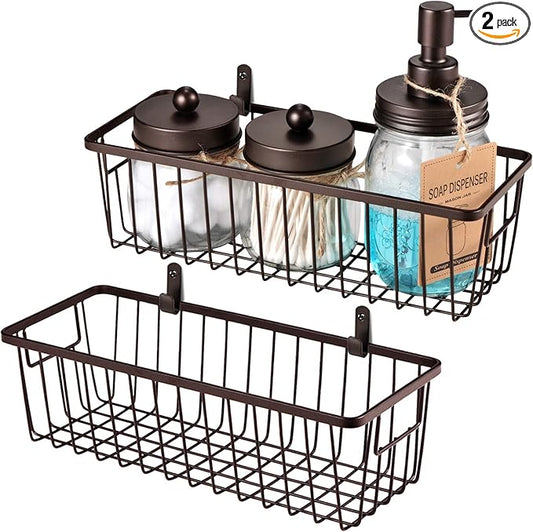 SheeChung Farmhouse Decor Metal Wire Bathroom Storage Organizer Basket Bins - for Cabinets, Shelves, Closets, Vanity Countertops, Under Sinks, Pantry, Laundry Room, Garage - Small, 2 Pack (Bronze)