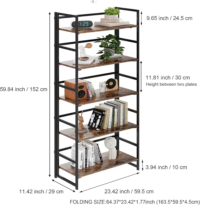BHG Vintage Multifunctional Folding Bookshelf, No-Assembly Plant Stand Storage Rack Shelves for Home Office (Fire, 5-Tier)-NeatNest