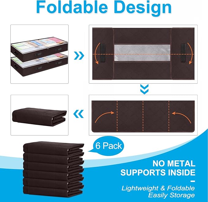 Budding Joy 6 Pack 90L Under bed Storage Containers Organizer Large Capacity Underbed Clothes Storage Bins Organization and Storage Bedroom Foldable Storage Bags with Clear Window Brown-NeatNest