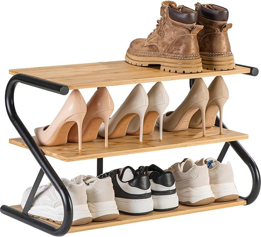 Bamboo Shoe Rack, Z-Frame Wooden 3-Tier Shelf with Durable Metal Shelves, Shoe Organizer for High Heels, Hallway, Living Room, Closet, Bedroom (Natural)-NeatNest
