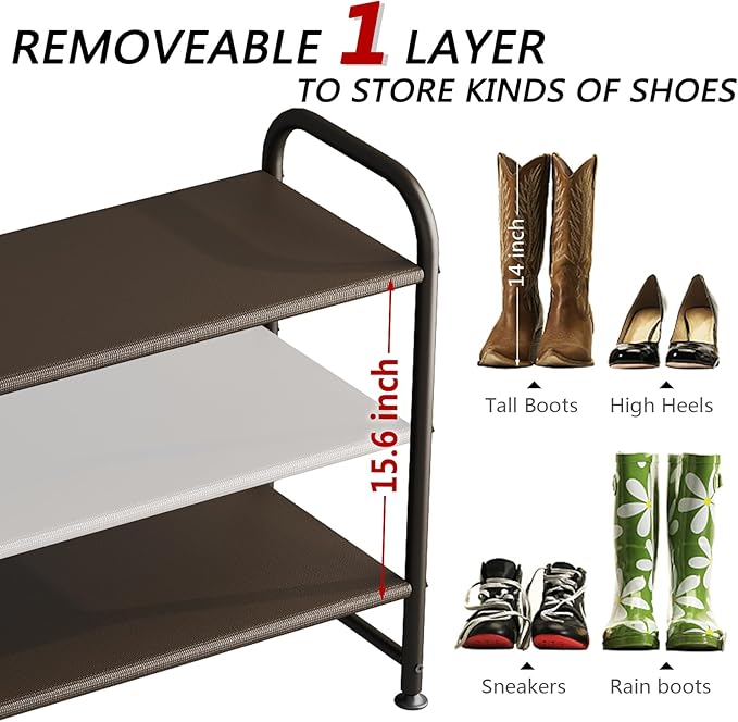 Shoe Rack 3 Tier Long Storage Organizer Wide Metal Shoe Shelf for Closet Entryway Brown-NeatNest