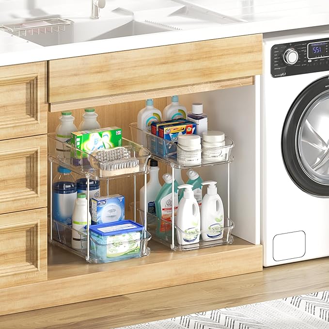 Delamu 4 Pack Bathroom Organizers and Storage, 2 Tier Clear Under Sink Organizer, Pull Out Medicine Cabinet Organizer-NeatNest