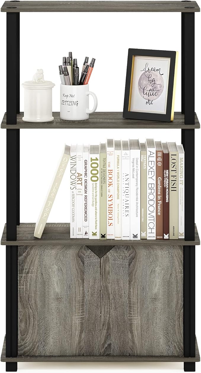 Furinno Brahms 4-Tier Multipurpose Bookcase/Bookshelf/Display Shelf/Display Rack with Door, French Oak Grey/Black-NeatNest