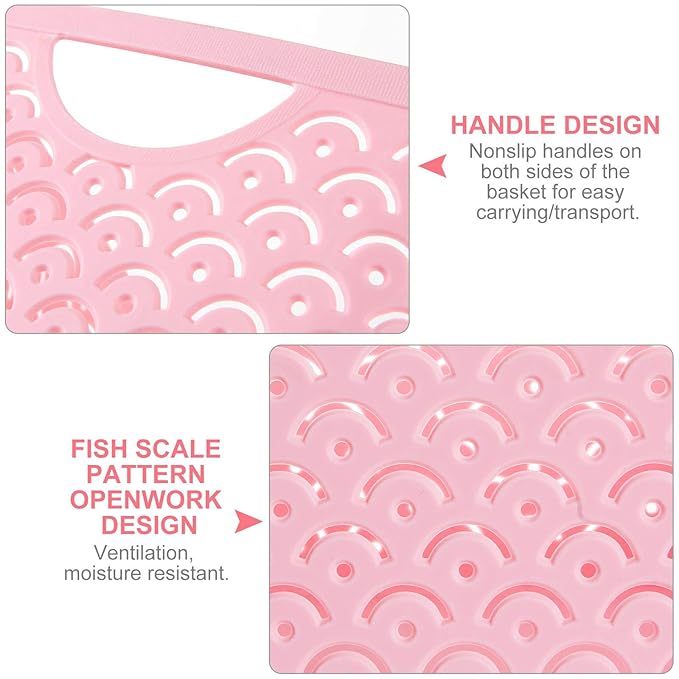 5 Pack Plastic Storage Baskets, Portable Pink Fish Scale Pattern Hollow Desktop Storage Bin Box with Handle for Kitchen, Bathroom, Kids Room or Nursery Storage – 9.4 x 7.1 x 4.1 inches