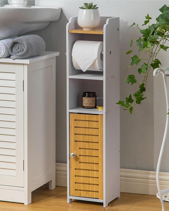 AOJEZOR Toilet Paper Holder Stand: Small Bathroom Cabinet Storage for Apartment Dwellers - Toilet Paper Storage - White/Bamboo-NeatNest