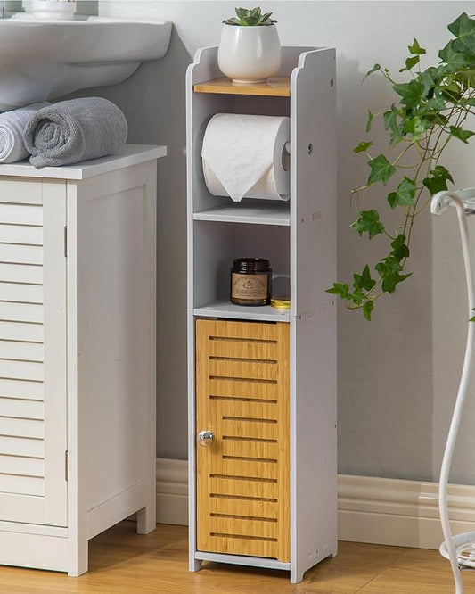 AOJEZOR Toilet Paper Holder Stand: Small Bathroom Cabinet Storage for Apartment Dwellers - Toilet Paper Storage - White/Bamboo-NeatNest