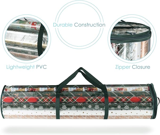 Hearth & Harbor Wrapping Paper Storage Container and Clear Wrap Paper Holder - Christmas Storage Bag with Interior Pockets - Fits Up to 36 Rolls of 40" - Tear Proof, Green-NeatNest