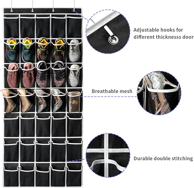 35 Pockets Over the Door Shoe Organizer, Hanging Shoe Organizer for Door with 35 Mesh Pockets Large Capacity Shoe Hanging Storage Bag with 4 Metal Hooks (Black-1Pack)-NeatNest